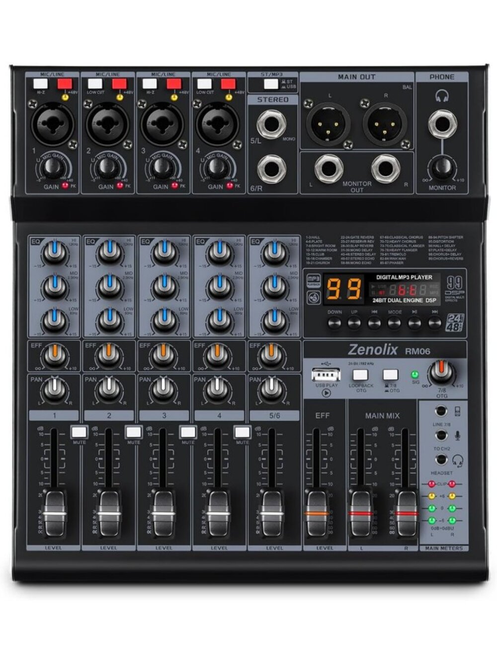 6-Channel Bluetooth Audio Mixer with USB Interface, XLR Inputs for Podcast & DJ
